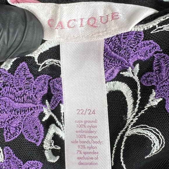 Cacique Womens 22-24 Babydoll Lingerie Black Purple Floral Embroidered Bows Sexy - Picture 8 of 11